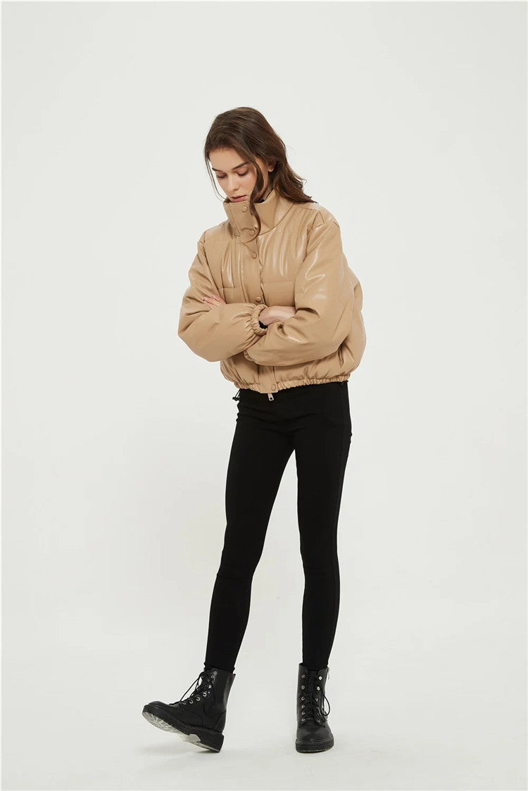 Casual Pu Leather High Neck Women Cotton Jacket Overcoat