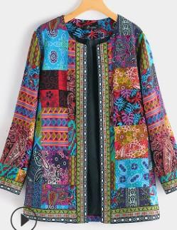 Vintage Cotton Linen Print Plus Size Women Cardigan Coat-Blue-1-L-Free Shipping at meselling99
