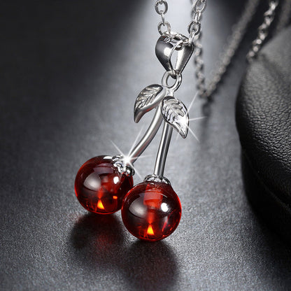 Agate Cherry Design Sterling Sliver Necklace