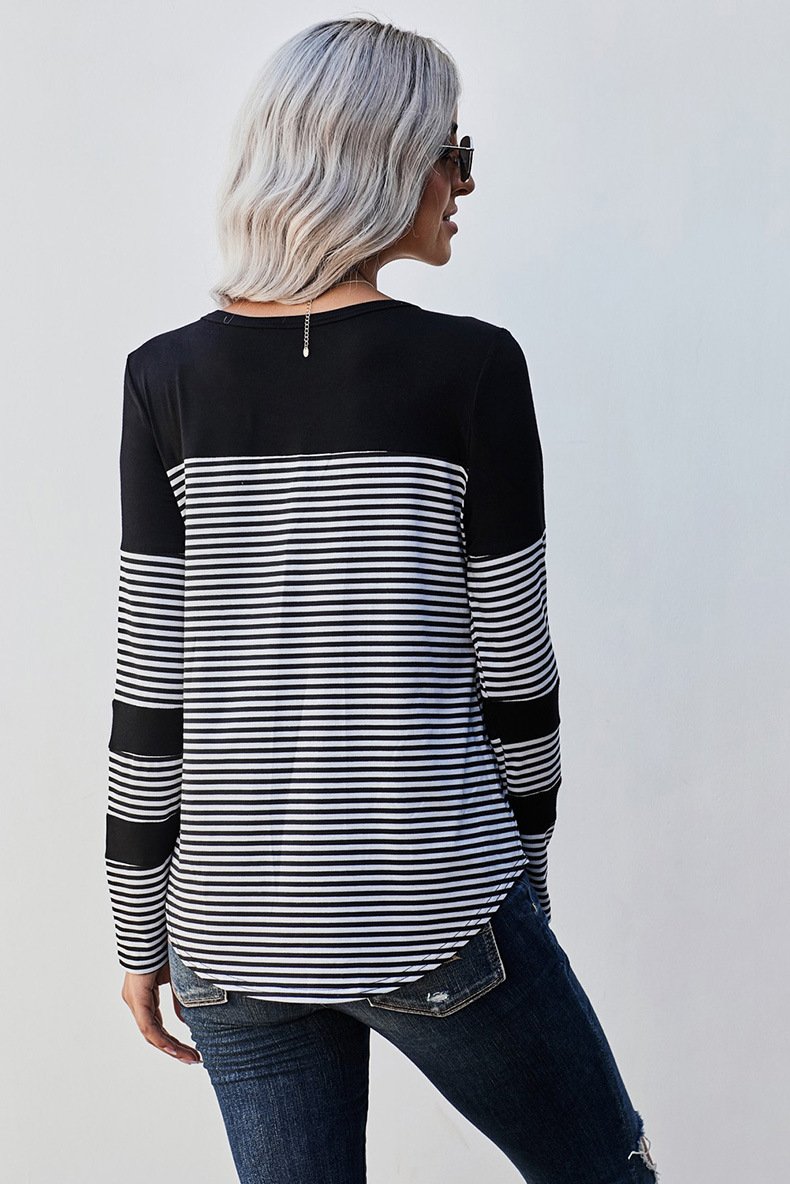 Women Striped Long Sleeves T Shirts-STYLEGOING