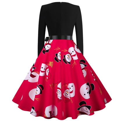 Vintage Christmas Snowman Print Long Sleeves Dresses