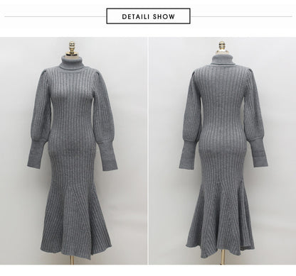 Casual Turtleneck Winter Long Knitting Dresses for Women with Belt