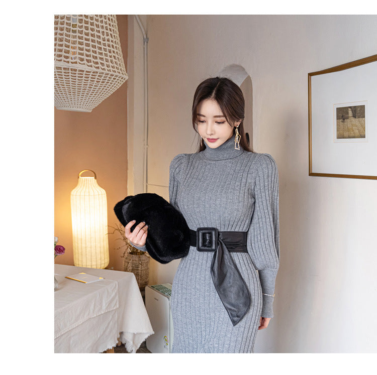Casual Turtleneck Winter Long Knitting Dresses for Women with Belt