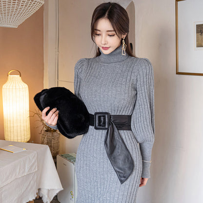 Casual Turtleneck Winter Long Knitting Dresses for Women with Belt