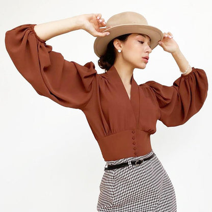Summer Women Puff Sleeves V Neck Short Shirts-STYLEGOING