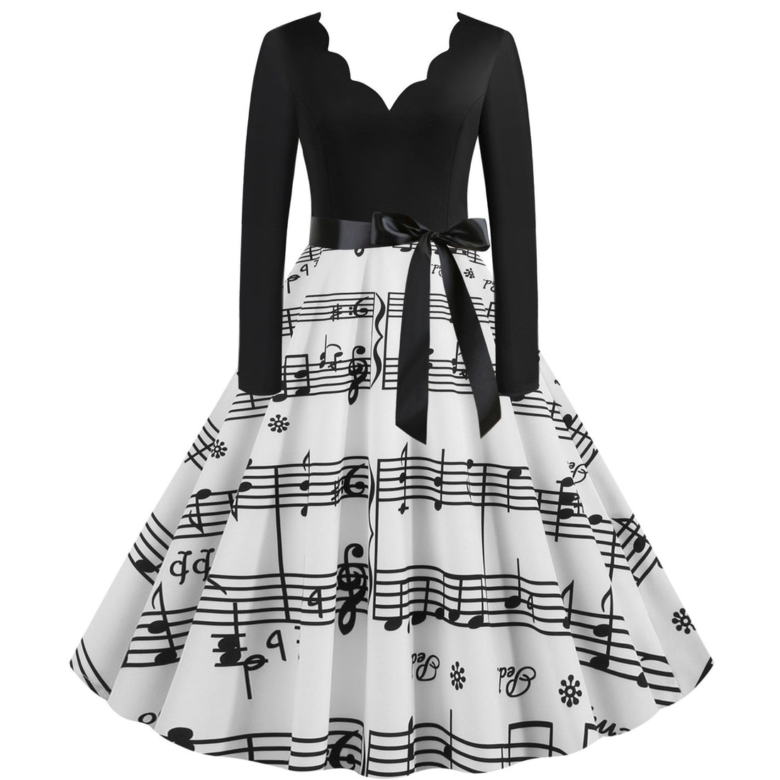 Vintage V Neck Long Sleeves Musical Note Winter Dresses-STYLEGOING