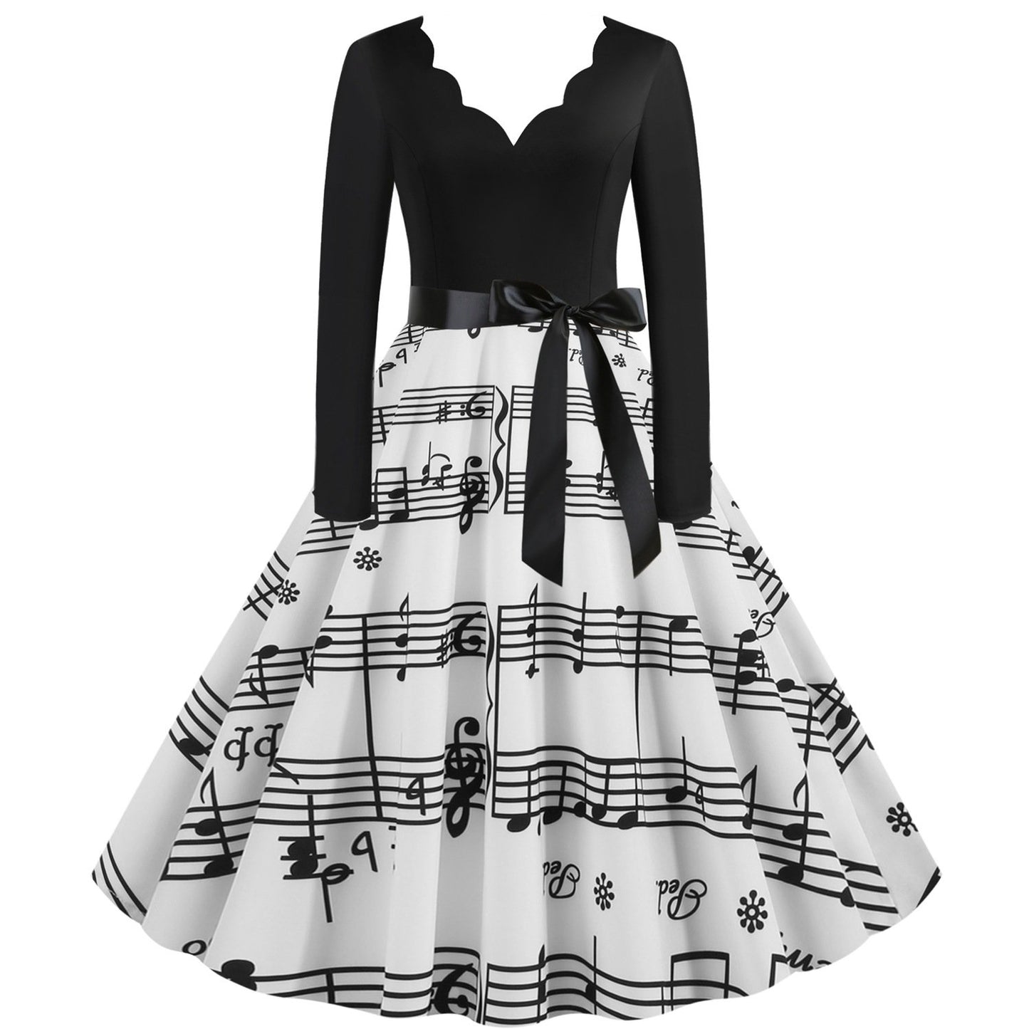 Vintage V Neck Long Sleeves Musical Note Winter Dresses-STYLEGOING