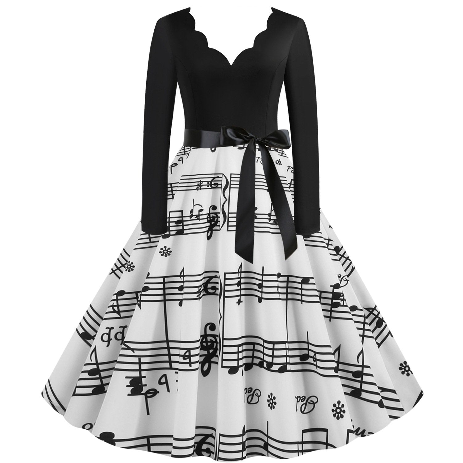 Vintage V Neck Long Sleeves Musical Note Winter Dresses-STYLEGOING