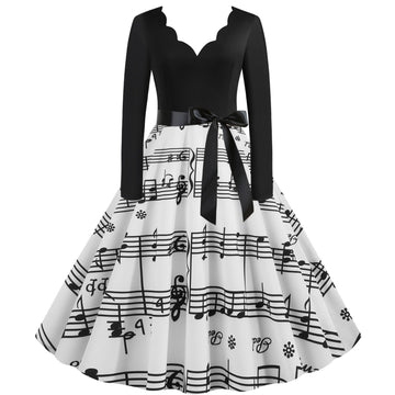 Vintage V Neck Long Sleeves Musical Note Winter Dresses-STYLEGOING