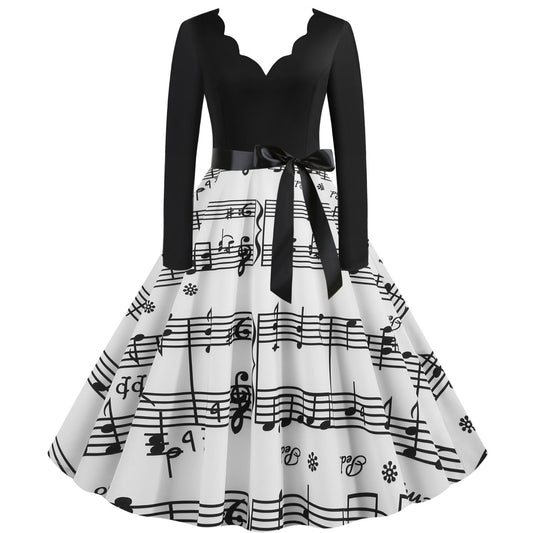 Vintage V Neck Long Sleeves Musical Note Winter Dresses-STYLEGOING