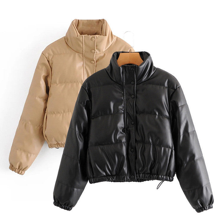 Casual Pu Leather High Neck Women Cotton Jacket Overcoat