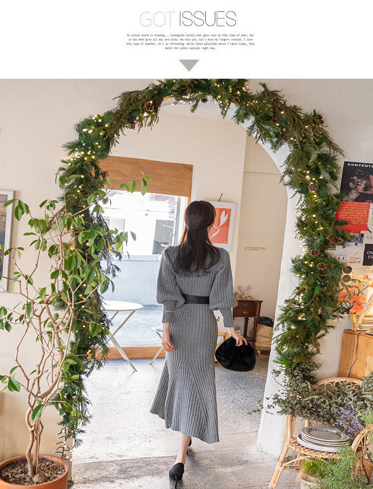 Casual Turtleneck Winter Long Knitting Dresses for Women with Belt