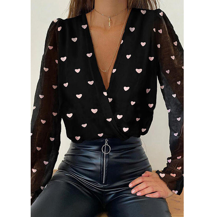 Women V Neck Long Sleeves Chiffon Blouses