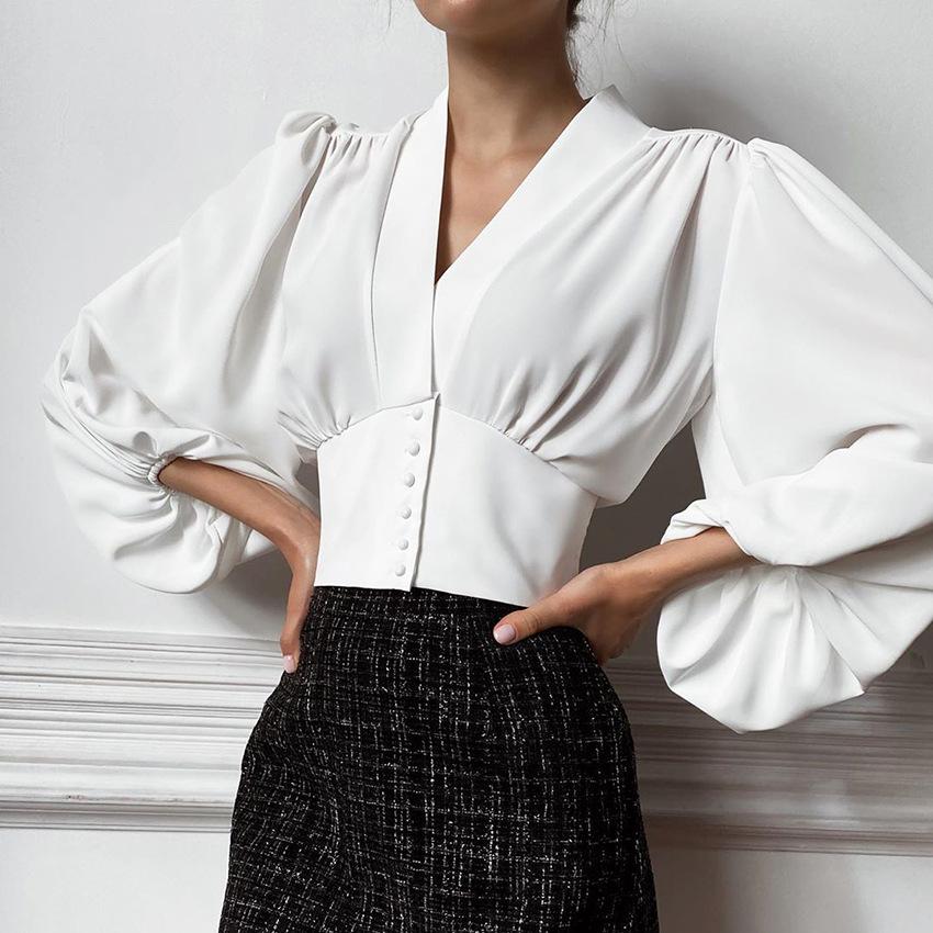 Summer Women Puff Sleeves V Neck Short Shirts-STYLEGOING