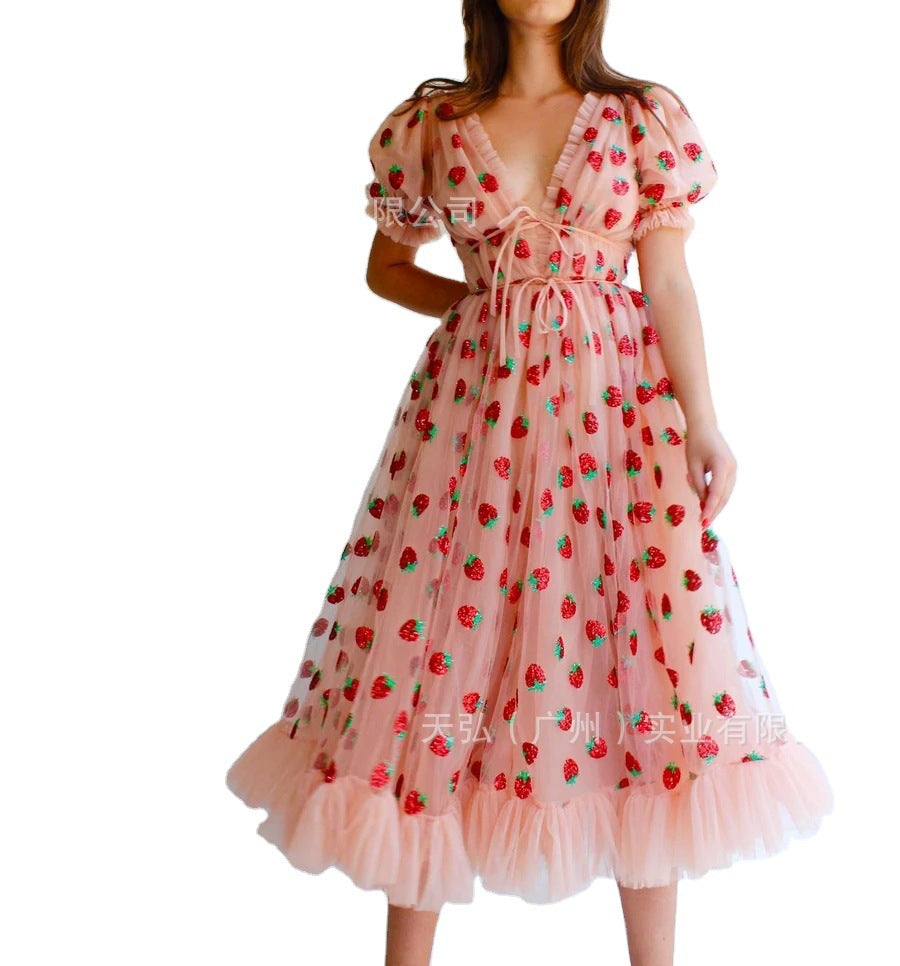 Sweet Puff Sleeves Strawberry Plus Sizes Summer Dresses