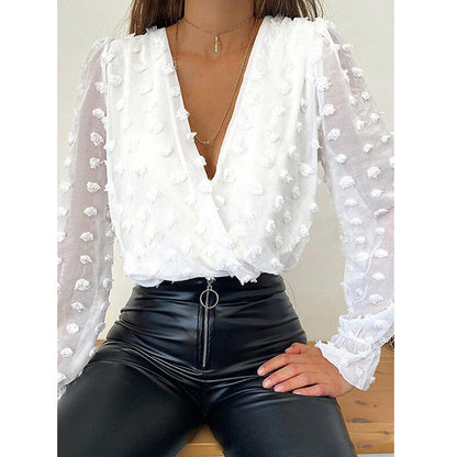 Women V Neck Long Sleeves Chiffon Blouses
