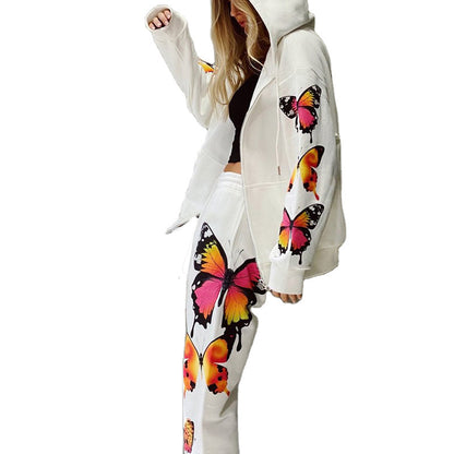 Butterfly Design Zipper Hoodies Women Suits