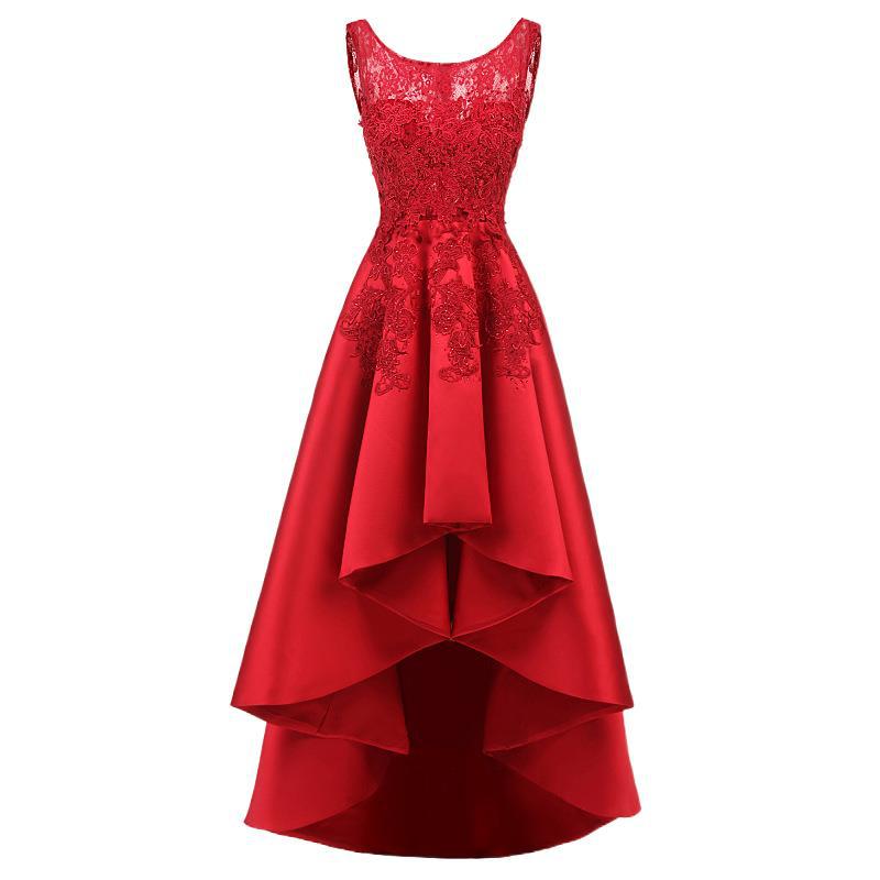 Women Red Lace Asymmetrical Evening Party Dresses