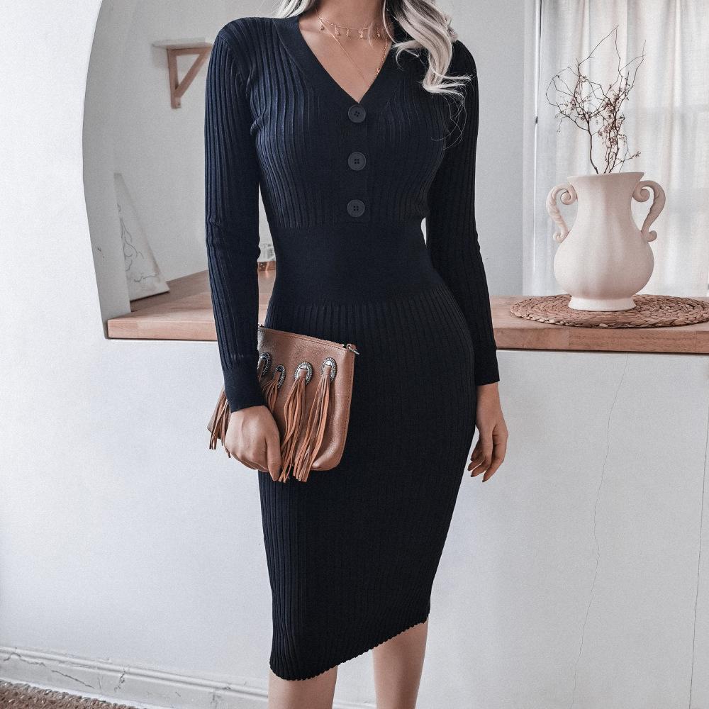 Sexy Long Sleeves V Neck Women Knitting Dresses