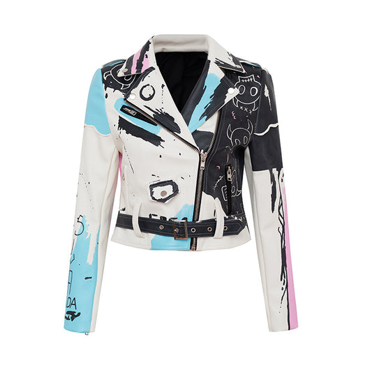 Personality Graffiti Design Punk Rivet PU Jacket for Women