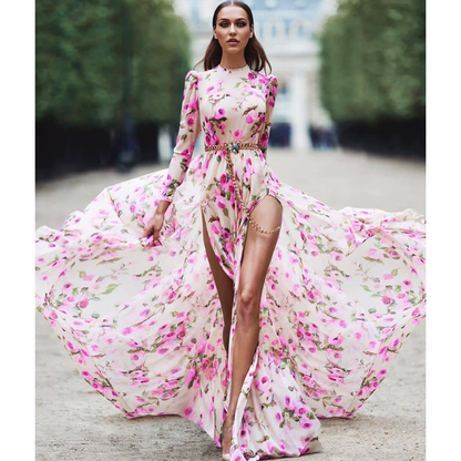Front Split Floral Print Long Maxi Dresses-STYLEGOING