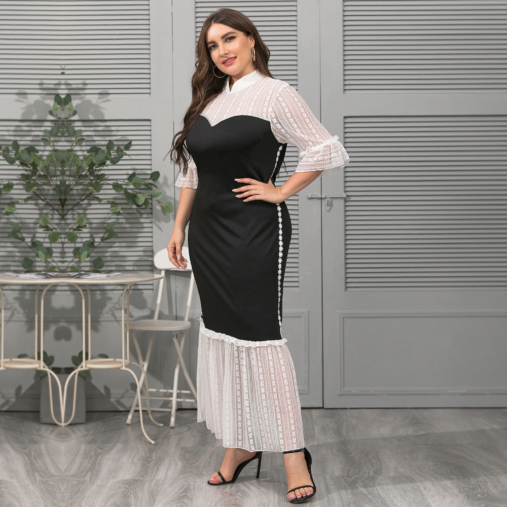 Women Stand Collar Lace Plus Sizes Long Dresses