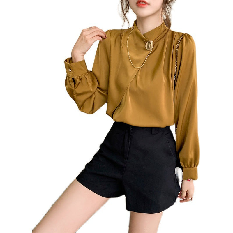 Elegant Designed Satin Stand Collar Women Blouses