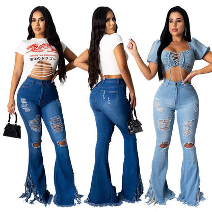 Women Broken Holes Demin Trumpet Jeans-STYLEGOING