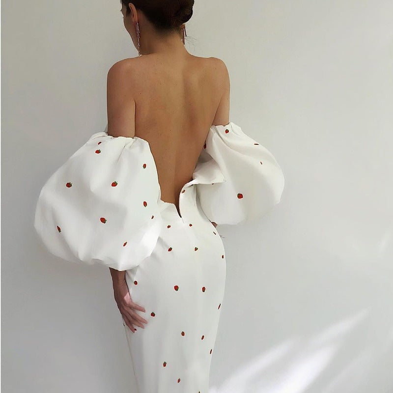 Sexy Strapless High Waist Puff Sleeves Strawberry Dresses