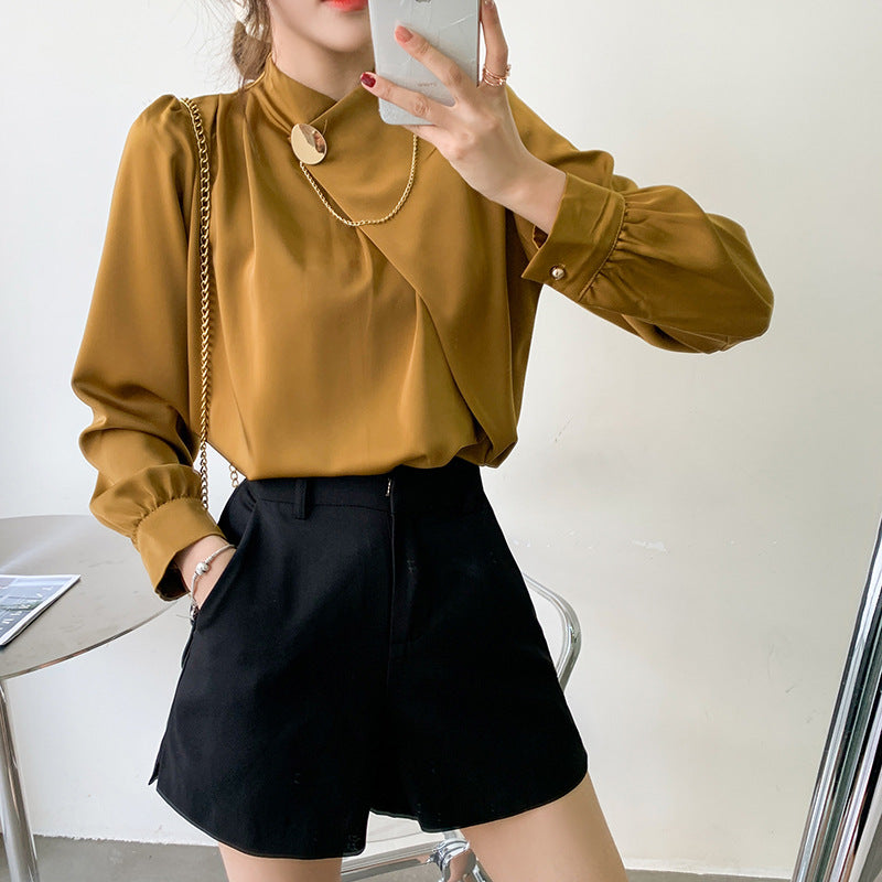 Elegant Designed Satin Stand Collar Women Blouses