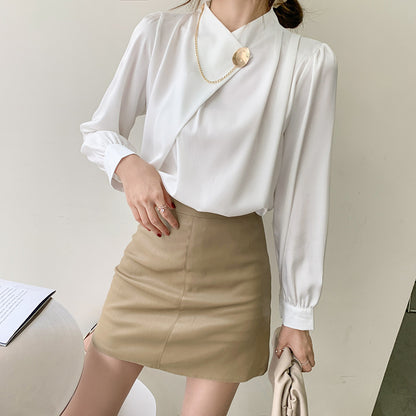 Elegant Designed Satin Stand Collar Women Blouses