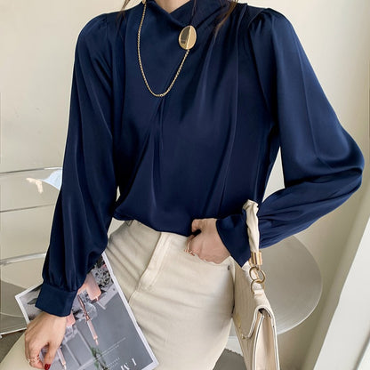 Elegant Designed Satin Stand Collar Women Blouses
