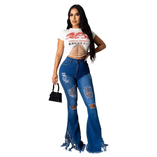Women Broken Holes Demin Trumpet Jeans-STYLEGOING