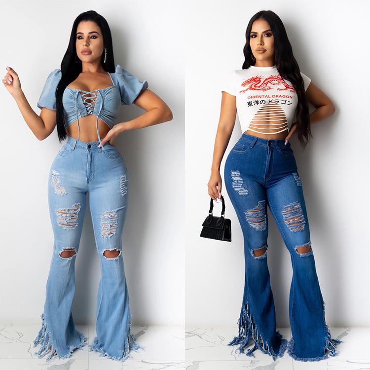 Women Broken Holes Demin Trumpet Jeans-STYLEGOING