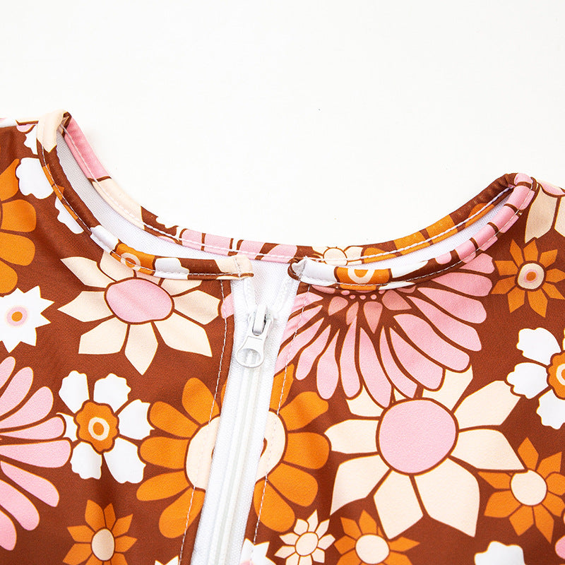 Pink Floral Print Zipper Surf Wear for Women