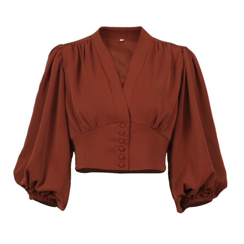 Summer Women Puff Sleeves V Neck Short Shirts-STYLEGOING