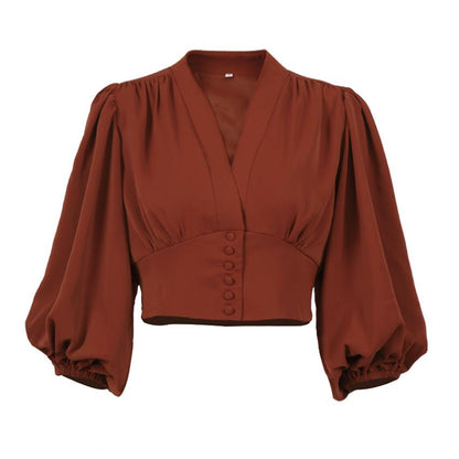 Summer Women Puff Sleeves V Neck Short Shirts-STYLEGOING