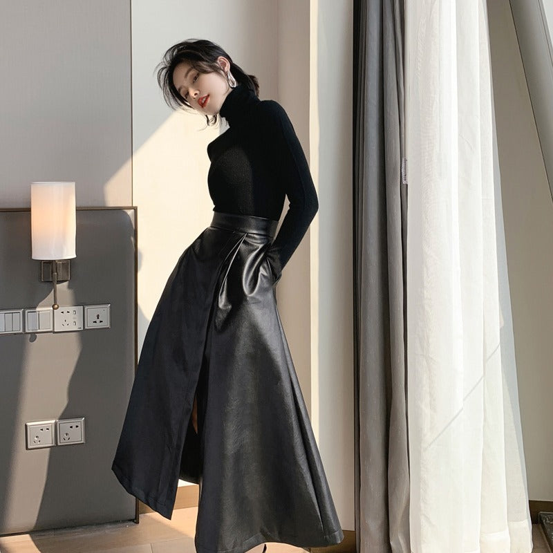 Black Winter High Waist Leather A Line Skirt