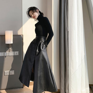 Black Winter High Waist Leather A Line Skirt