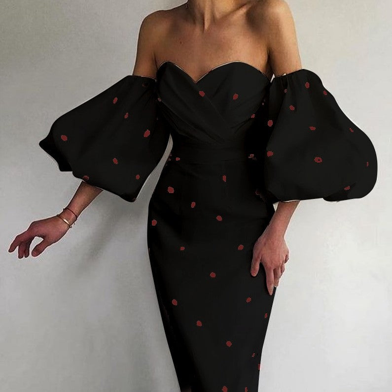 Sexy Strapless High Waist Puff Sleeves Strawberry Dresses