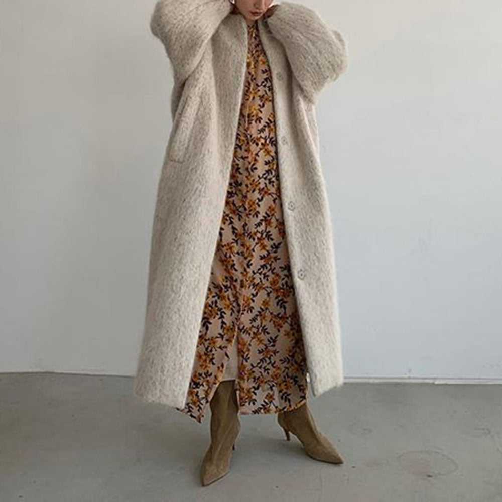 Women Knitting Winter Long Cozy Apricot Overcoat