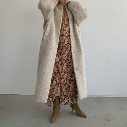 Women Knitting Winter Long Cozy Apricot Overcoat