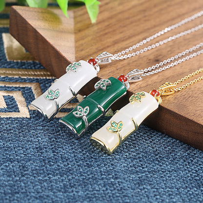 Wealthy Bamboo Joints Chalcedony Pendant Sliver Necklace for Women