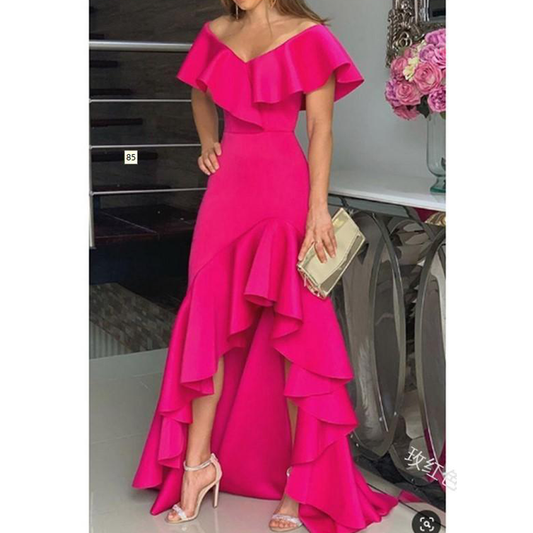 Sexy Classy V Neck Irregular Ruffled Women Long Dresses