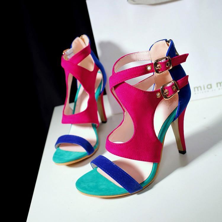 Women Summer Velvet Constract High Heels Sandals-STYLEGOING