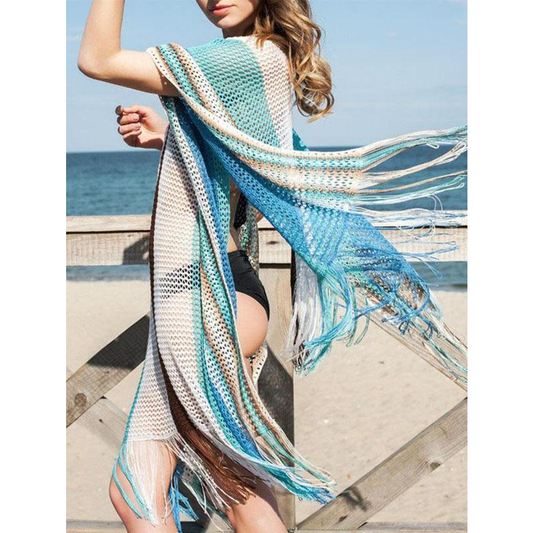 Summer Striped Tasseled Beach Cover-Ups-STYLEGOING