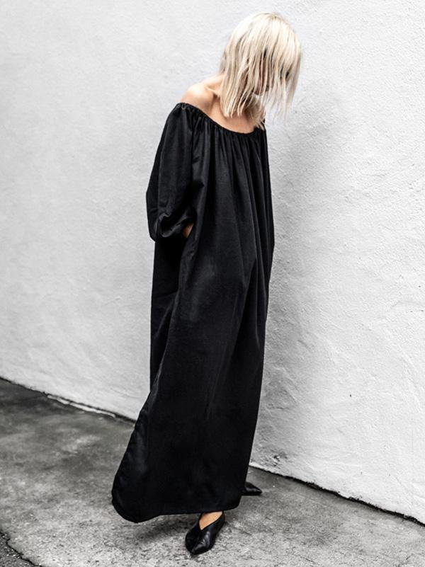 Black Off-Shoulder Loose Long Dress-STYLEGOING