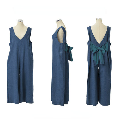Leisure Wide Legs Rompers with Bow Design