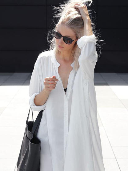 Solid Lapel Long Shirt Dress-STYLEGOING