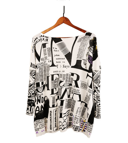 Casual Newspaper Pattern Women Loose Long Sleeves Shirts
